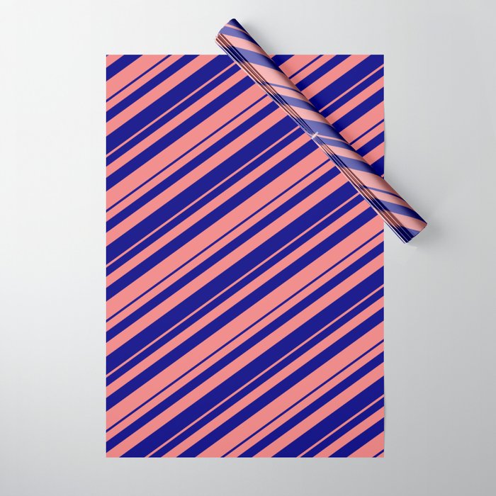 Blue and Light Coral Colored Lined Pattern Wrapping Paper