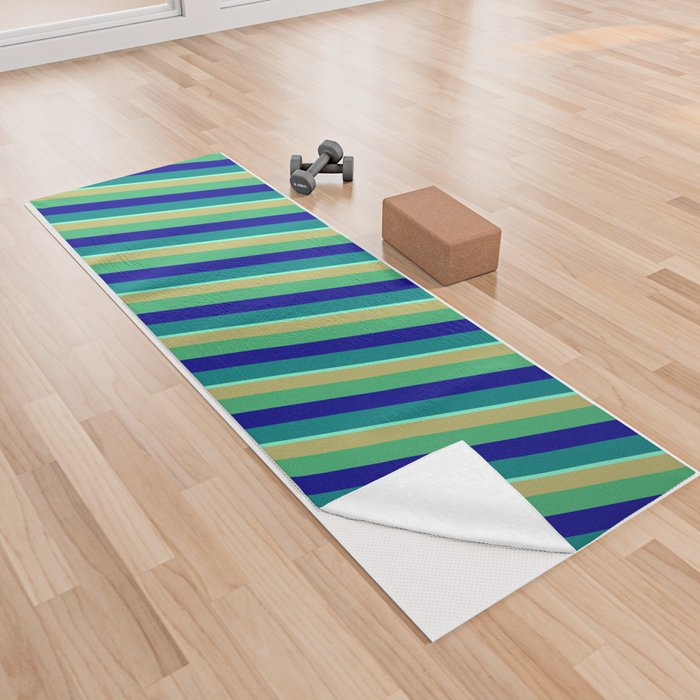 Vibrant Dark Khaki, Sea Green, Dark Blue, Teal & Aquamarine Colored Striped Pattern Yoga Towel
