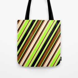 [ Thumbnail: Brown, Bisque, Light Green, and Black Colored Striped Pattern Tote Bag ]