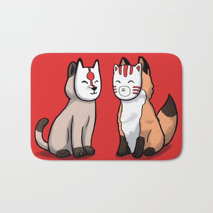 Cat and fox wearing japanese mask Bath Mat