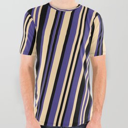 [ Thumbnail: Dark Slate Blue, Tan & Black Colored Pattern of Stripes All Over Graphic Tee ]