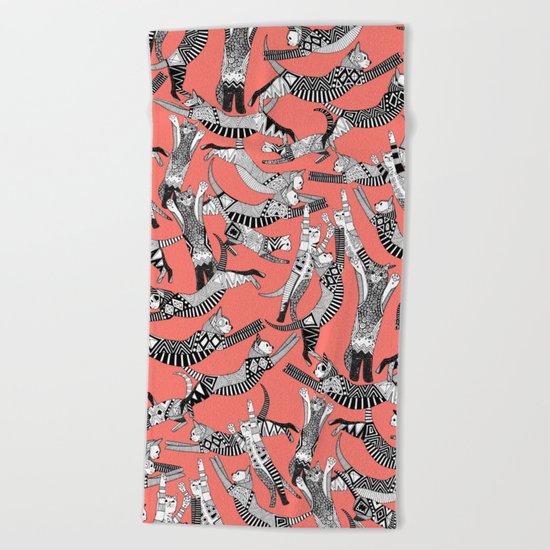 cat party blush coral Beach Towel