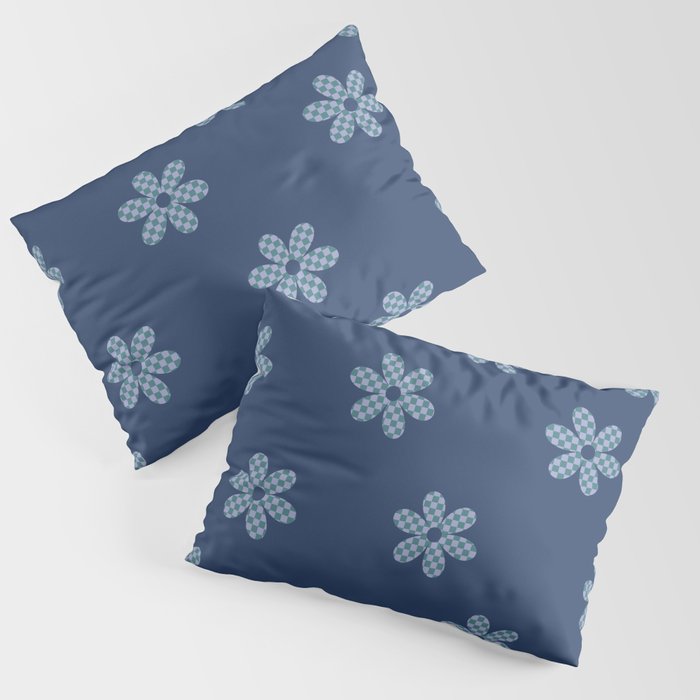 Checkered Flowers Pattern in Blue Pillow Sham