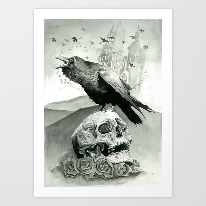 Raven and Skull Spooky Black and White art print