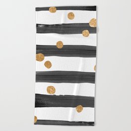black watercolor stripes with gold dots Beach Towel