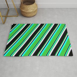 [ Thumbnail: Cyan, Lime Green, Lavender, and Black Colored Pattern of Stripes Rug ]