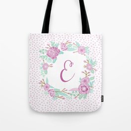 Monogram E - cute girls purple florals flower wreath, lilac florals, baby girl, baby blanket Tote Bag
