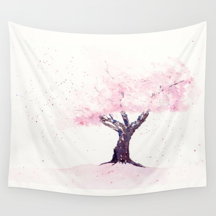 Spring in Pink , Cherry Blossm, Art Watercolor Painting by Suisai Genki  Wall Tapestry