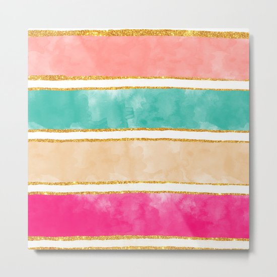 Modern Stripes Pink Red Watercolor Gold Glitter Metal Print