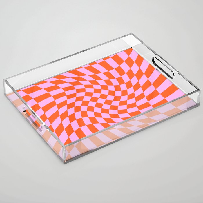 Retro Orange and Pink Bright Psychedelic Twisted Checker Swirl Print Acrylic Tray