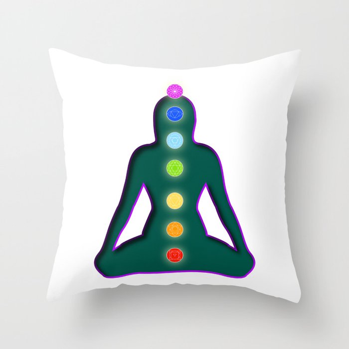 Meditating woman with aura colors and chakra symbols	 Throw Pillow