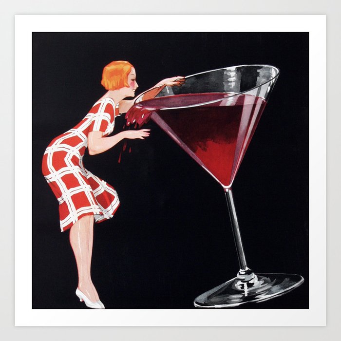 Woman and Giant Glass of Red Wine Vintage Art Art Print by Vintage Vivian.