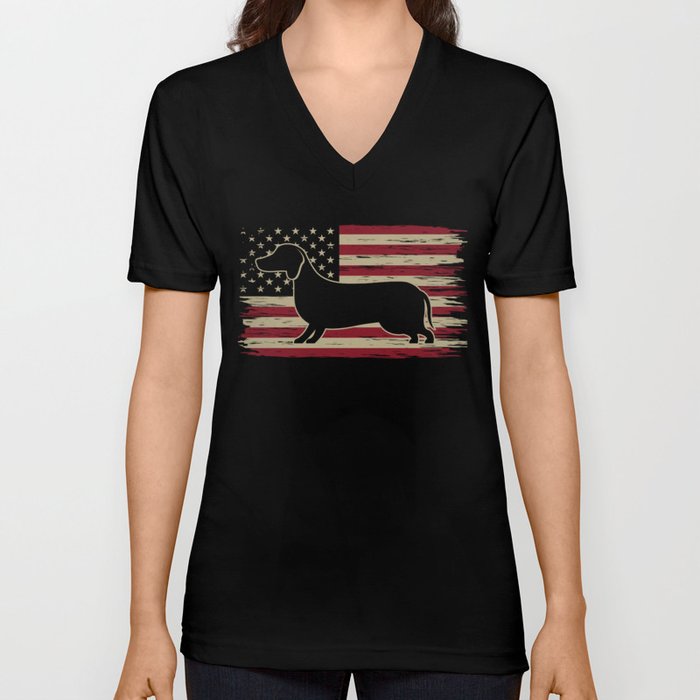 Dachshund Dog American Flag V Neck T Shirt