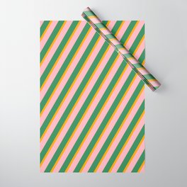[ Thumbnail: Orange, Light Pink & Sea Green Colored Striped Pattern Wrapping Paper ]