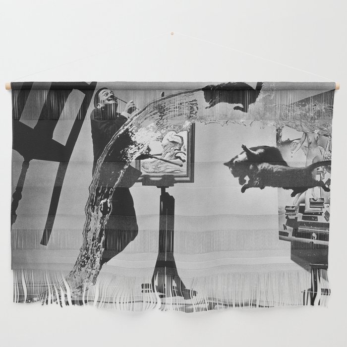 Dalí Atomicus, Salvador Dali painting with flying cats and water spurts surrealism / surrealist black and white photograph / photography by Philippe Halsman Wall Hanging