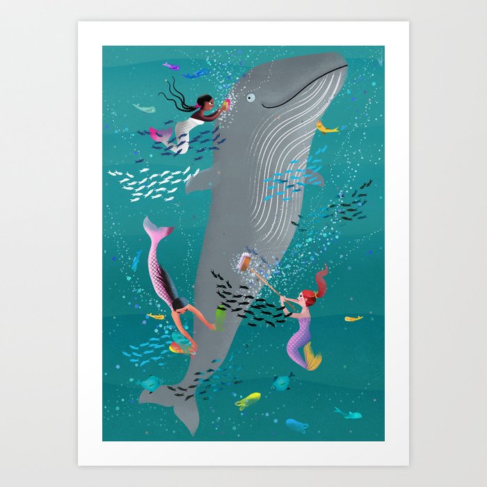 Mermaids attending to a whale and cleaning the ocean Art Print
