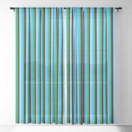 [ Thumbnail: Forest Green, Deep Sky Blue, Light Sky Blue, and Black Colored Lines Pattern Sheer Curtain ]