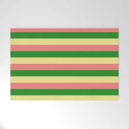 [ Thumbnail: Tan, Light Coral, and Forest Green Colored Lined Pattern Welcome Mat ]