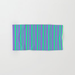 [ Thumbnail: Purple and Green Colored Stripes Pattern Hand & Bath Towel ]