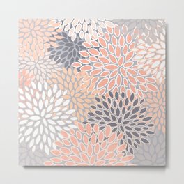 Flowers Abstract Print, Coral, Peach, Gray Metal Print