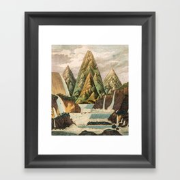 Departing in Dreams - Mountain and Waterfalls - Nature Landscape in Green, Brown, Blue Framed Art Print