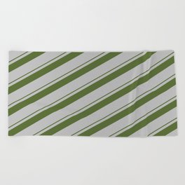 [ Thumbnail: Dark Olive Green & Grey Colored Striped/Lined Pattern Beach Towel ]