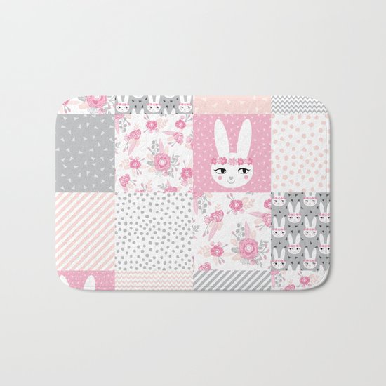 Bunny quilt baby decor newborn nursery charlotte winter pink grey decor for little girl Bath Mat