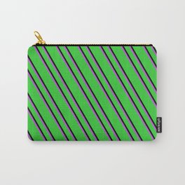 [ Thumbnail: Lime Green, Black, and Orchid Colored Stripes Pattern Carry-All Pouch ]