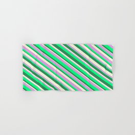 [ Thumbnail: Beige, Plum, Green, and Sea Green Colored Striped Pattern Hand & Bath Towel ]