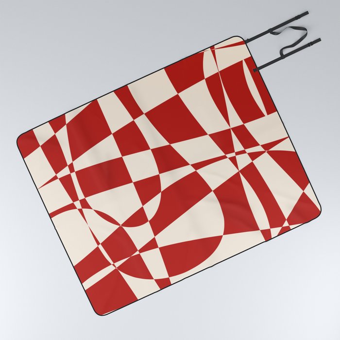 Deconstructed Harlequin Midcentury Modern Abstract Pattern in Retro Red and Almond Cream Picnic Blanket