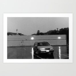 Loner Art Print | Car, Black And White, Photo, Film, Nighttime, Reflection, Spooky, Parkinglot, Driving, Night 