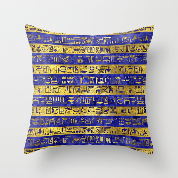 Golden Egyptian  hieroglyphs pattern on  blue Throw Pillow