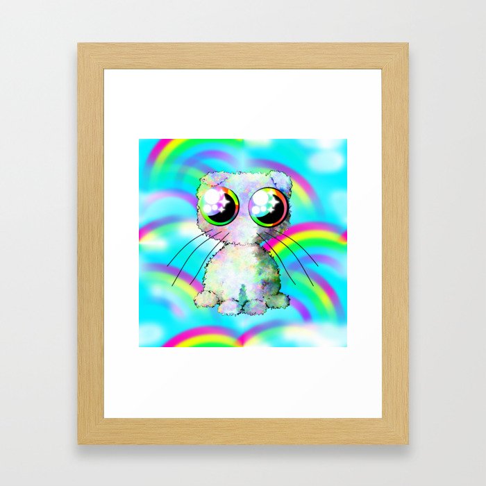 curly kawaii pet on rainbow and cloud background Framed Art Print