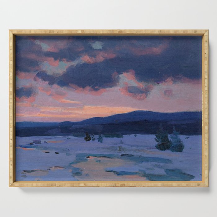 Clarence Gagnon - Crépuscule d'hiver - Winter Twilight, Baie St. Paul - Canadian Oil Painting Serving Tray