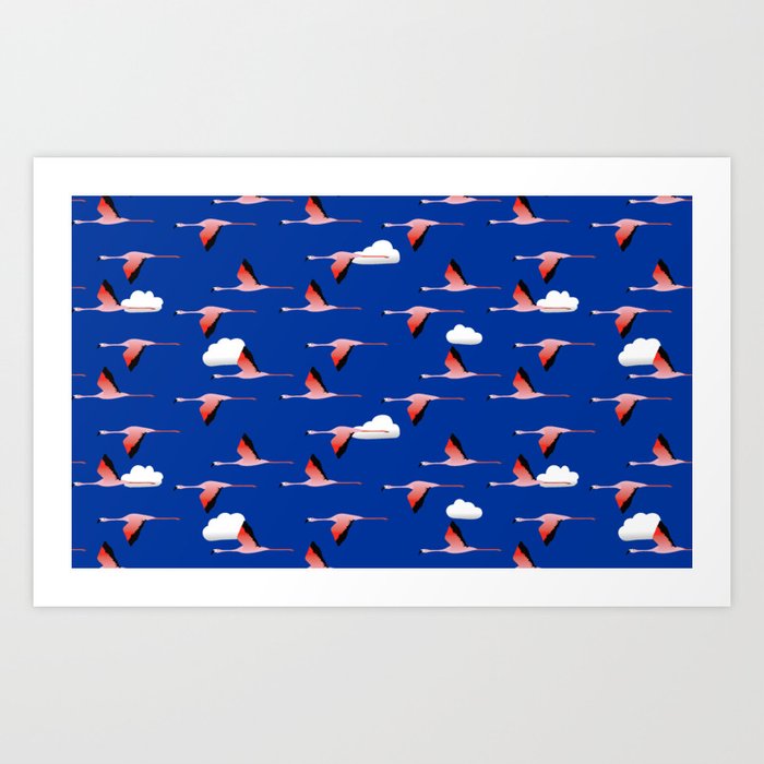 Flying flamingos Art Print