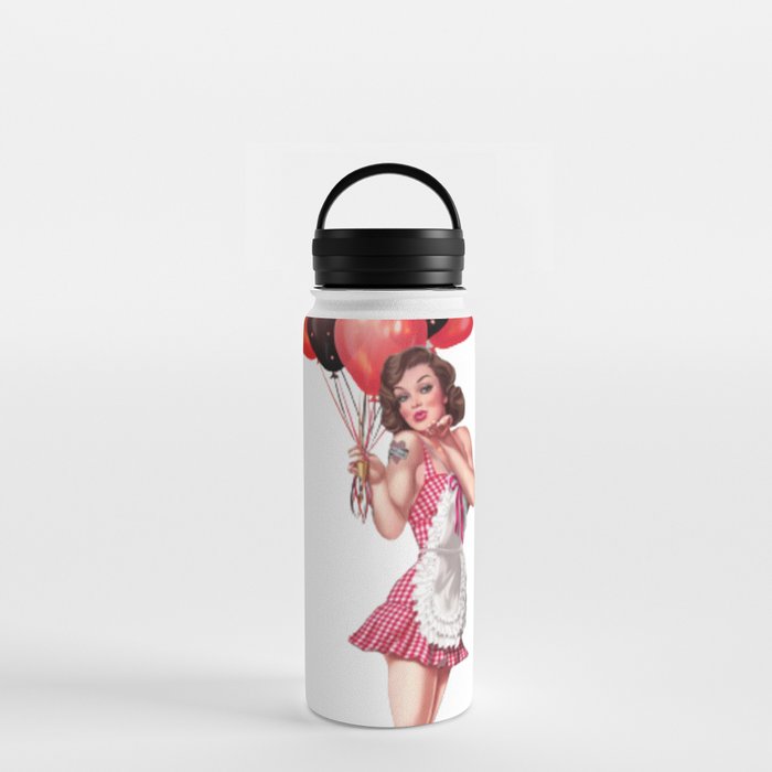 Sexy Brunette Pin Up With Tattoo, Baloons And Maid Dress Water Bottle