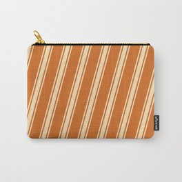 [ Thumbnail: Chocolate & Beige Colored Lined/Striped Pattern Carry-All Pouch ]
