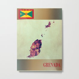 Grenada Map with Flag Metal Print | Country, Caribbean, Map, Wall, Print, Flag, Grenada, Outline, Island, Painting 
