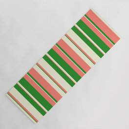 [ Thumbnail: Salmon, Forest Green & Beige Colored Lined Pattern Yoga Mat ]