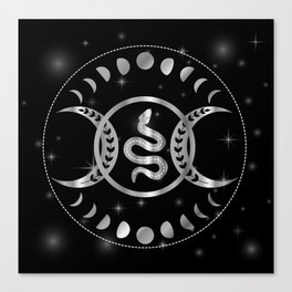 Mystic snake silver mandala with triple goddess and moon phases Canvas Print