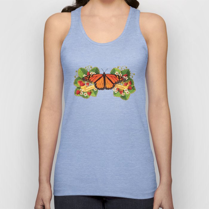 Monarch Butterfly with Strawberries on Aqua Tank Top