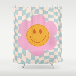 Smiley Flower Face on Pastel Warped Checkerboard Shower Curtain