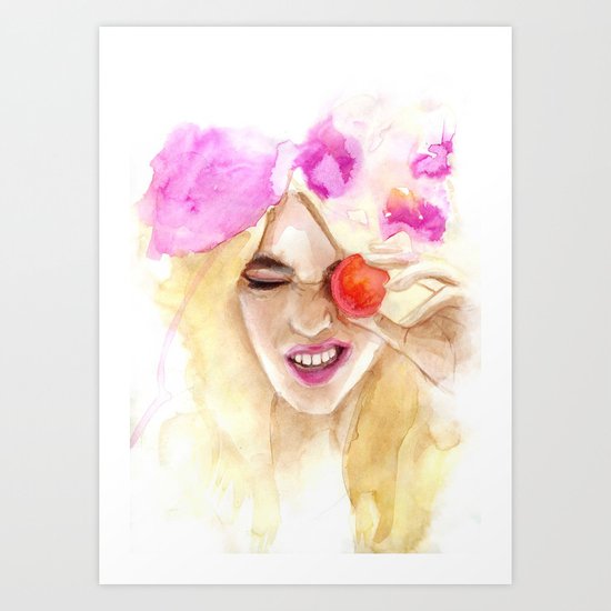 Watercolor girl with macaroon Art Print