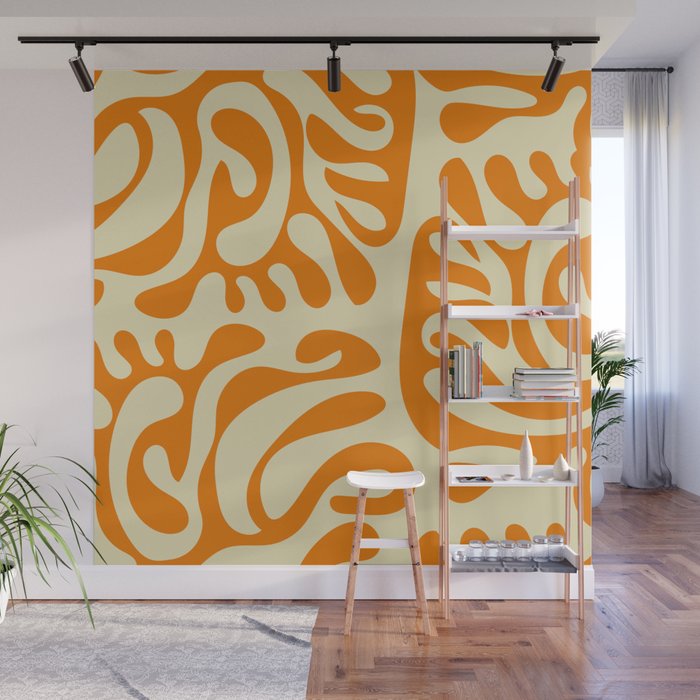 Mid Century Modern Curl Lines Pattern - Orange Wall Mural