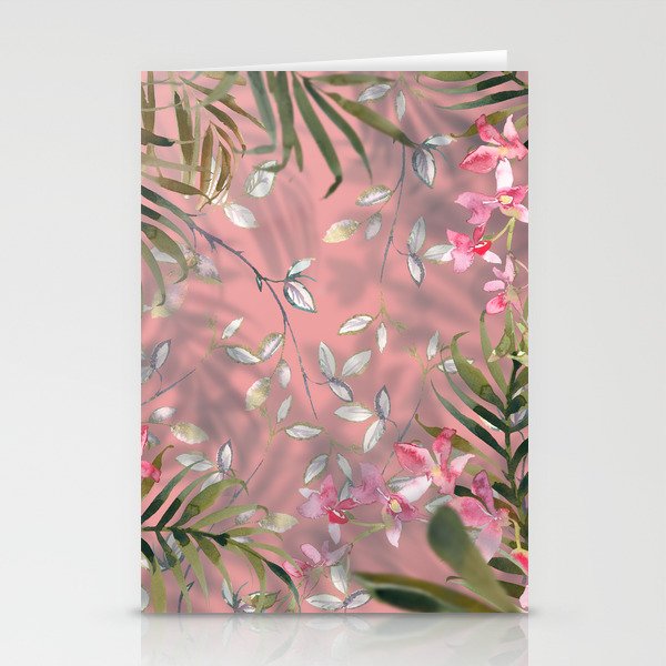 Tropical pink green gold floral orchid foliage Stationery Cards
