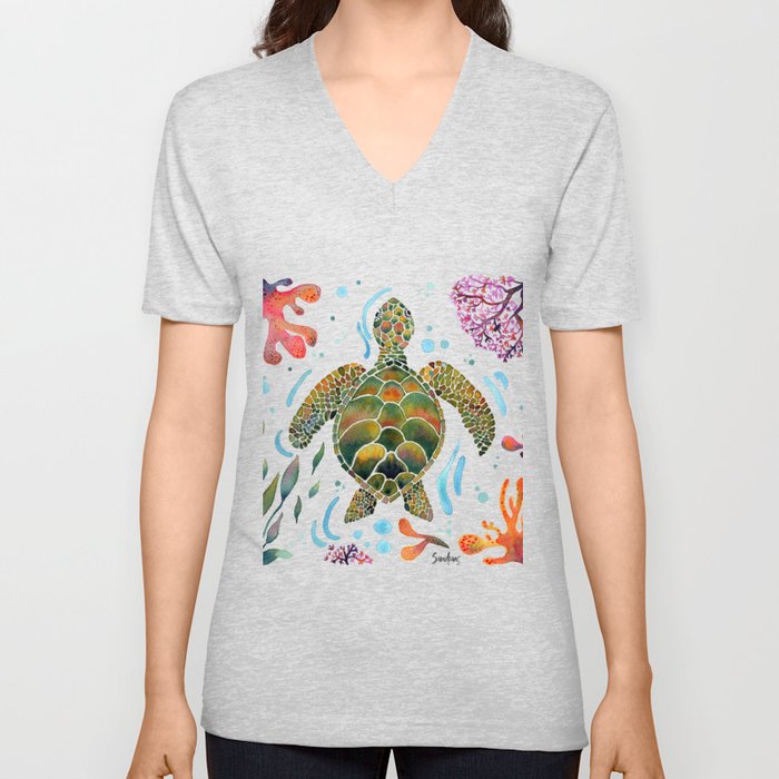 Turtle Art Print V Neck T Shirt