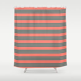 [ Thumbnail: Salmon and Teal Colored Striped/Lined Pattern Shower Curtain ]