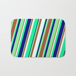 [ Thumbnail: Eye-catching Light Green, Sienna, Mint Cream, Green, and Blue Colored Stripes/Lines Pattern Bath Mat ]