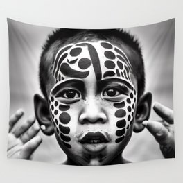 Black and White Closeup of Boy with Polkadot Abstract Facepaint Wall Tapestry