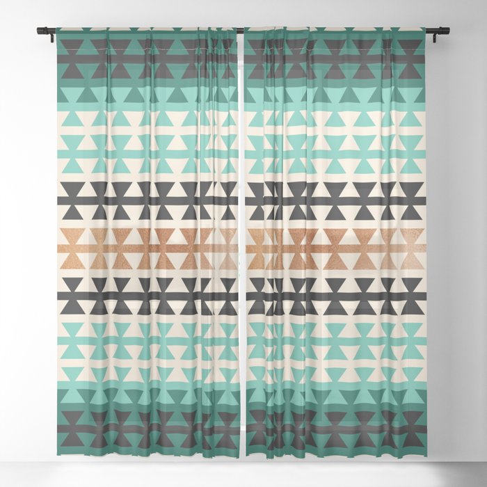 Desert Boho Ethnic Pattern with Triangles (shades of green) Sheer Curtain